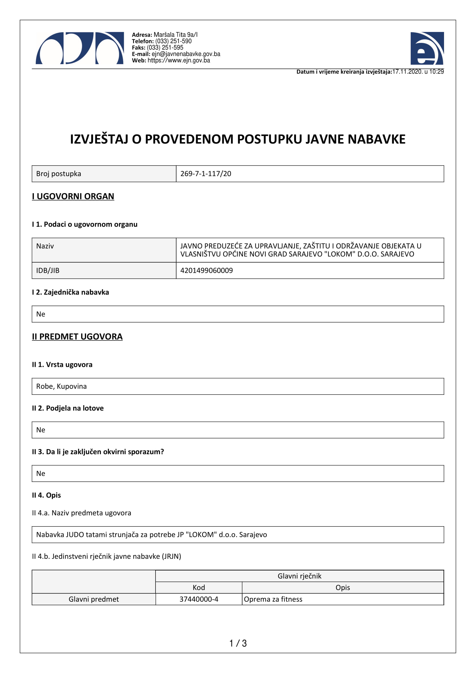 Izvještaj o provedenom postupku JN - Judo tatami strunjače 2020-1